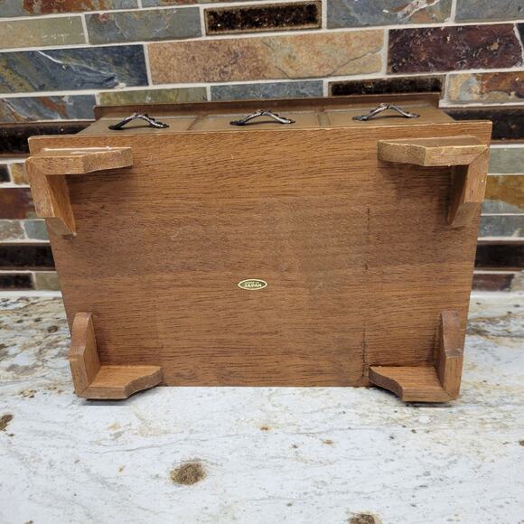 Vintage Wood Jewelry Chest, Smaller Red Fabric Inside, Mirror - Picture 5 of 7